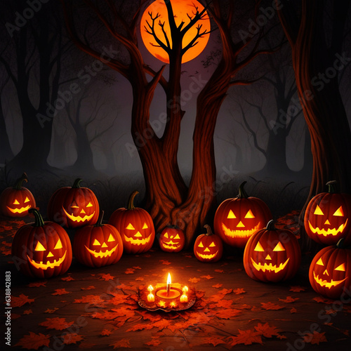 halloween tree background with pumpkin and bats