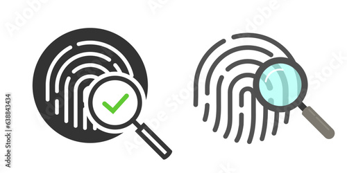 Biometric fingerprint data scan icon vector simple graphic, thumb finger print id check pictogram, identity thumbprint forensic investigation via magnifier glass, verify crime evidence stroke linear