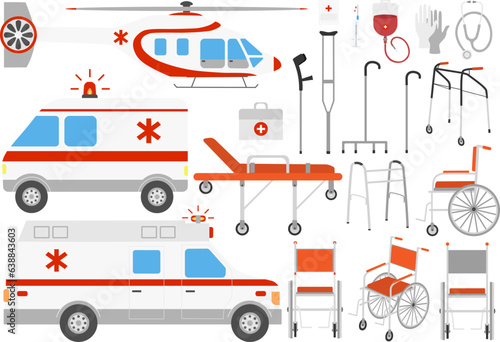 Vector clip art with ambulance car, air ambulance helicopter, wheelchair, canes, hospital wheel bed, first ail kit