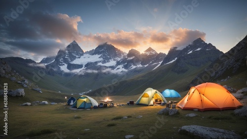 The camping in landscape in mountains area under blue sky with clouds in winter for tourists