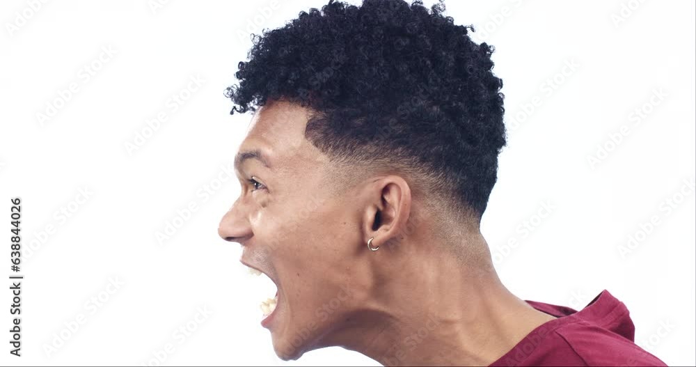 Angry, screaming and profile of man on a white background for emotions ...