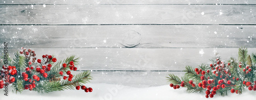 Christmas card with berries and viburnum on old wooden background with empty space for insert, legal AI