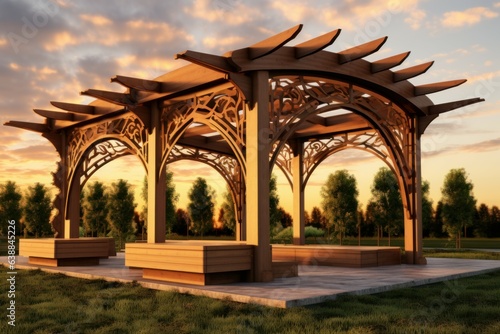 Pergola wood lake grass pavilion. Generate AI