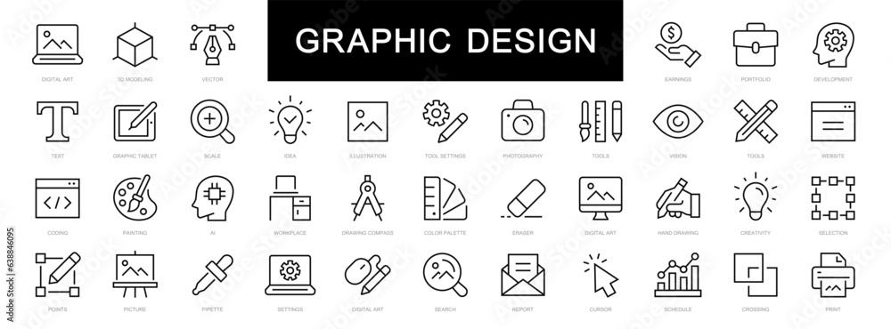Graphic design thin line icons set. Graphic design editable stroke icons. Vector illustration. Digital art, Creativity, Tools, Drawing, Portfolio, Idea icon.