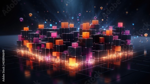 A bunch of cubes that are sitting on a table. Digital image. Blockchain, decentralized currency.