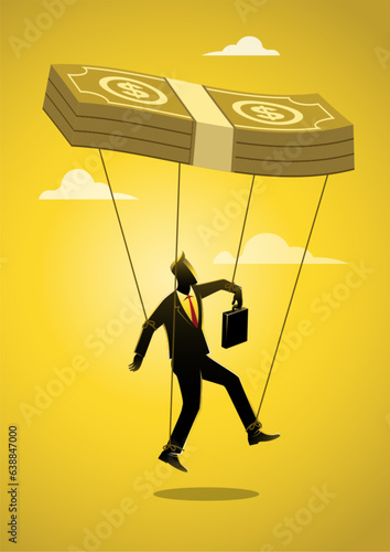 A businessman being controlled by money, capitalism, greedy working