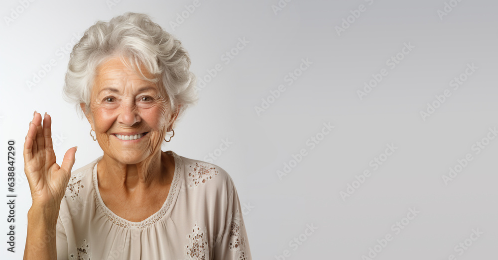 Portrait of a happy old woman, smiling face, pensioner with white hair, clean studio background, generative AI Portrait of a happy old woman, smiling face, pensioner with white hair, clean studio background, generative AI