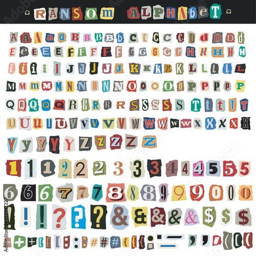 Ransom Letters Collage Note Alphabet. A full character marks set of cut-outs from newspapers. Blackmail Ransom Kidnapper Anonymous Font. Compose your own anonymous letters  blackmail  death threats
