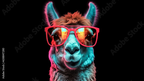portrait of a gorgeous stylish trendy modern lama animal in stylish glasses. Black backgorund. Creative portrait in iridescent neon colors, concept photo in neon lighting. AI generated. © everigenia