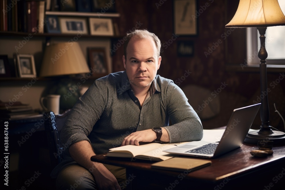 portrait of a white male author sitting with his laptop and papers portrait of a white male author sitting with his laptop and papers