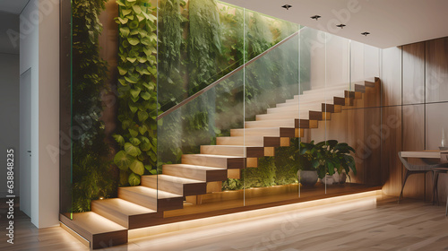Traverse a stairway that is a testament to minimalist design. Each step  crafted from polished wood  seems to float in mid-air  supported by hidden fixtures. Frameless glass railings add an airy  open