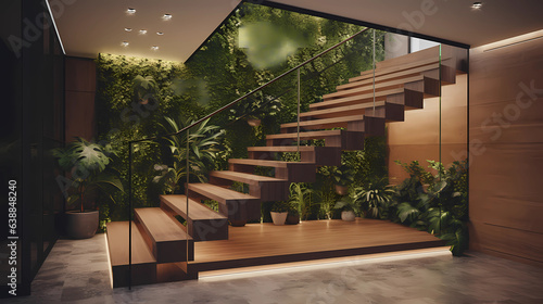 Traverse a stairway that is a testament to minimalist design. Each step, crafted from polished wood, seems to float in mid-air, supported by hidden fixtures. Frameless glass railings add an airy, open