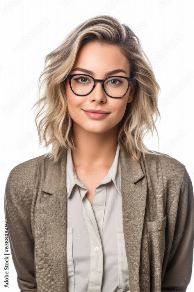 Young confident businesswoman in glasses, manager portrait on white background