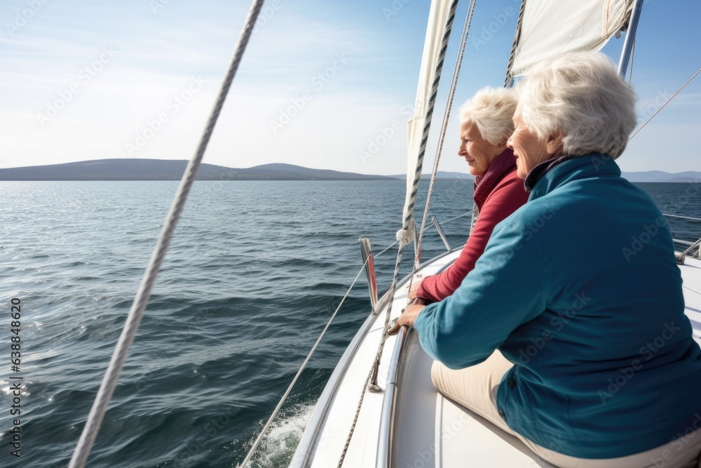 rearview shot of a senior woman sailing with an instructor on the water rearview shot of a senior woman sailing with an instructor on the water