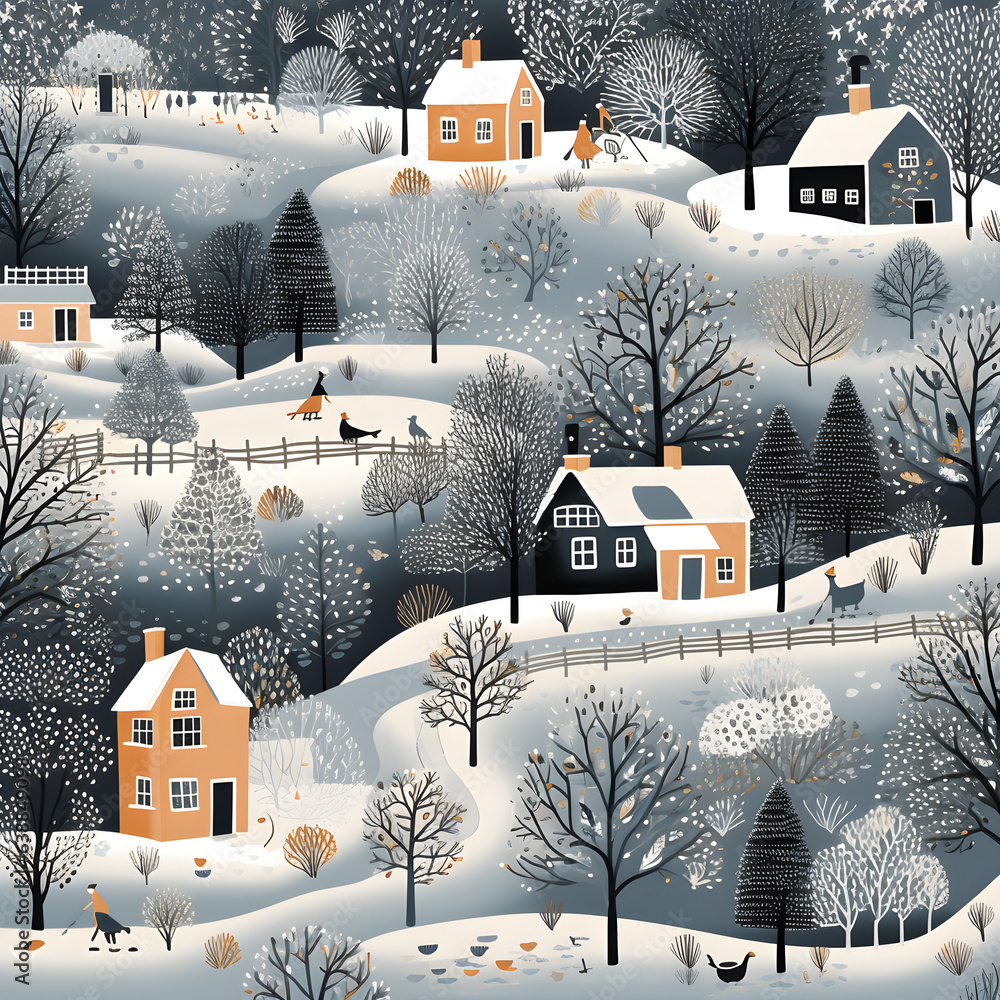 scandinavian folk art, wallpaper, traditional patterns, village in