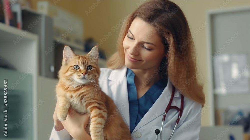 Veterinarian Holding and Petting a Furry Red cat in a Modern Veterinary Clinic. Focus on the kitten Veterinarian Holding and Petting a Furry Red cat in a Modern Veterinary Clinic. Focus on the kitten
