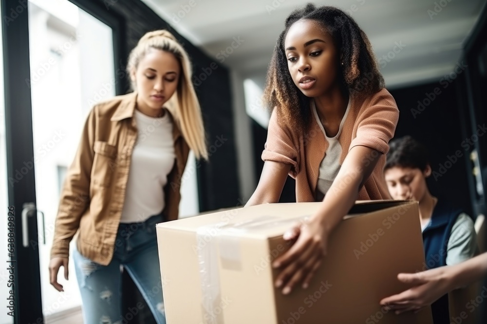 shot of a young woman helping her friend and colleague move some boxes on the weekend shot of a young woman helping her friend and colleague move some boxes on the weekend