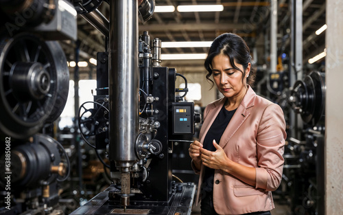 photo of working entrepreneur woman at factory with machine and worker, generative AI