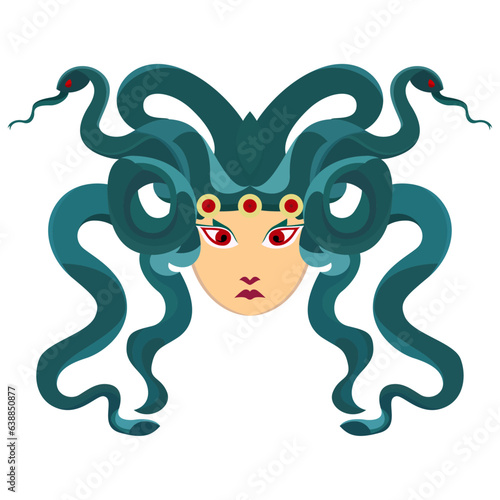 Medusa in flat style vector illustration, Greek mythology gorgon simple style vector, human female with living venomous snakes stock vector image