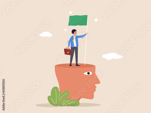 Growth and career development concept. Success mindset, mentor or inspiration to succeed in work or business, success businessman climbing on top of his mind holding winning flag for business goal.