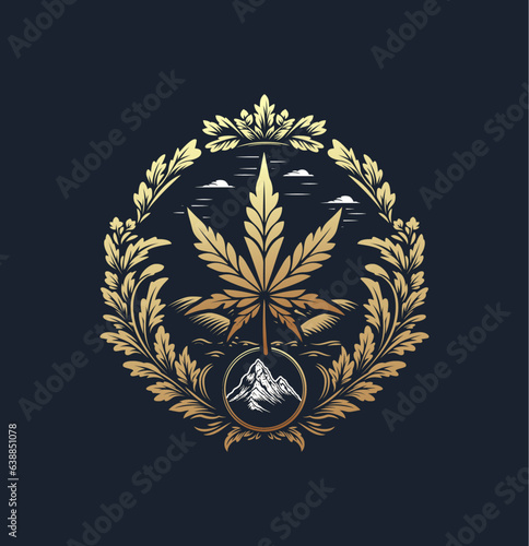 Cannabis marijuana luxury modern brand emblem. Vector label print on black background. Vintage badge inspired 