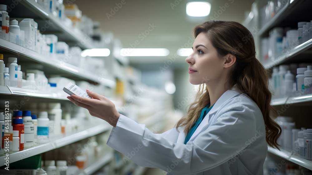 A female pharmacist in a pharmacy stands near the shelves with medicines.