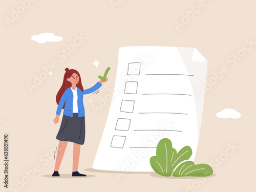 Work improvement concept. Self assessment, evaluate yourself for personal development, woman giving check on checkbox in achievement list notepad paper.