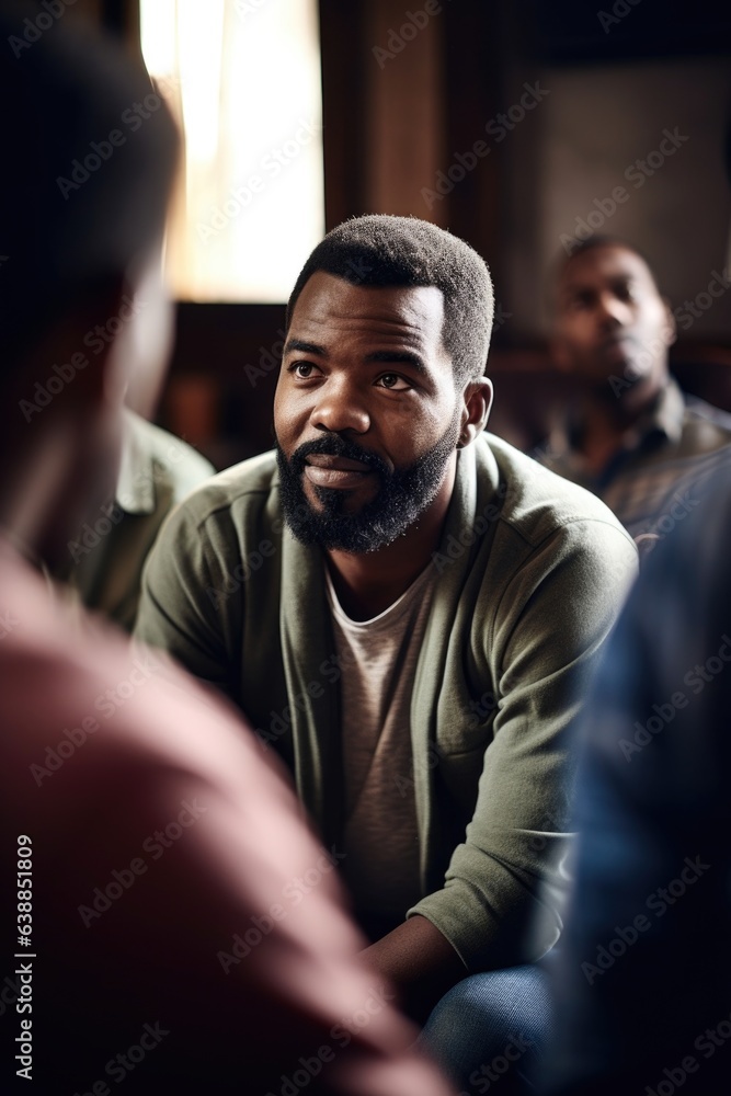 shot of a man having a discussion with his friends during an outreach meeting in their home shot of a man having a discussion with his friends during an outreach meeting in their home
