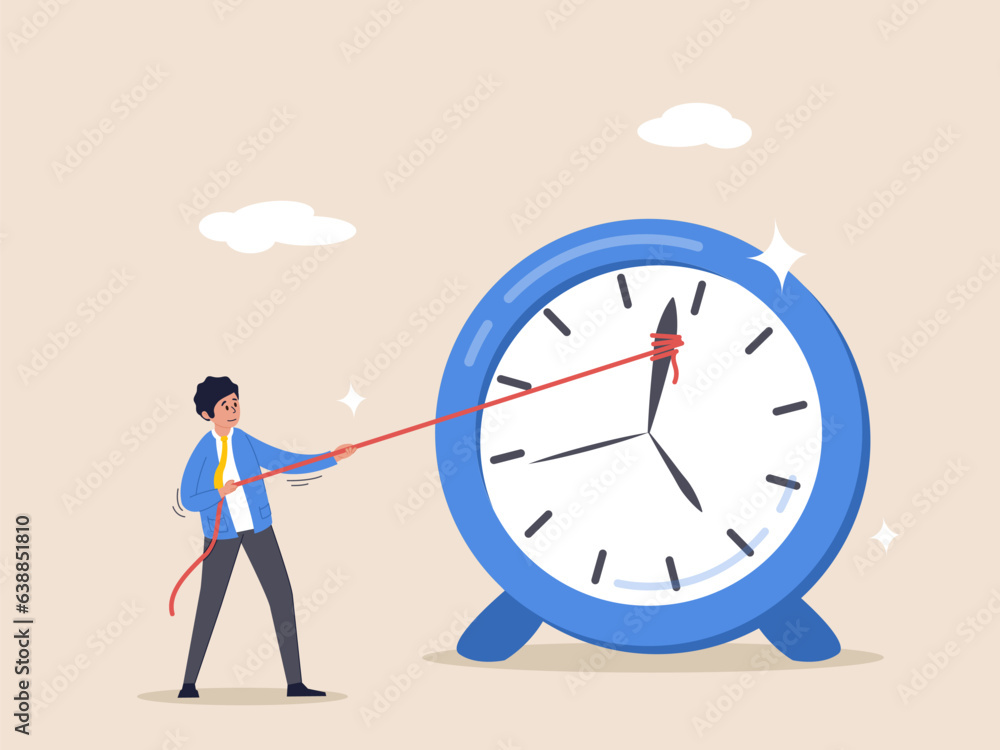 Deadline or time management concept. Running out of time. Sad or stressed man or employee or office worker pushing minute hand of broken clock towards anti clockwise. Vector character illustration. Deadline or time management concept. Running out of time. Sad or stressed man or employee or office worker pushing minute hand of broken clock towards anti clockwise. Vector character illustration.