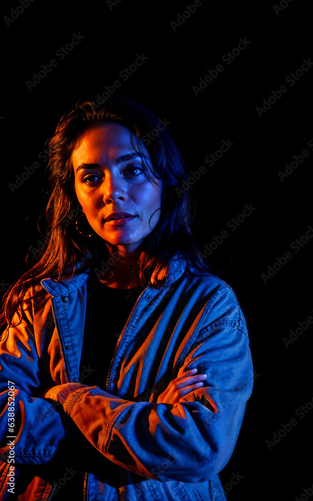 photo of beautiful woman with mixed red and blue lighting , generative AI