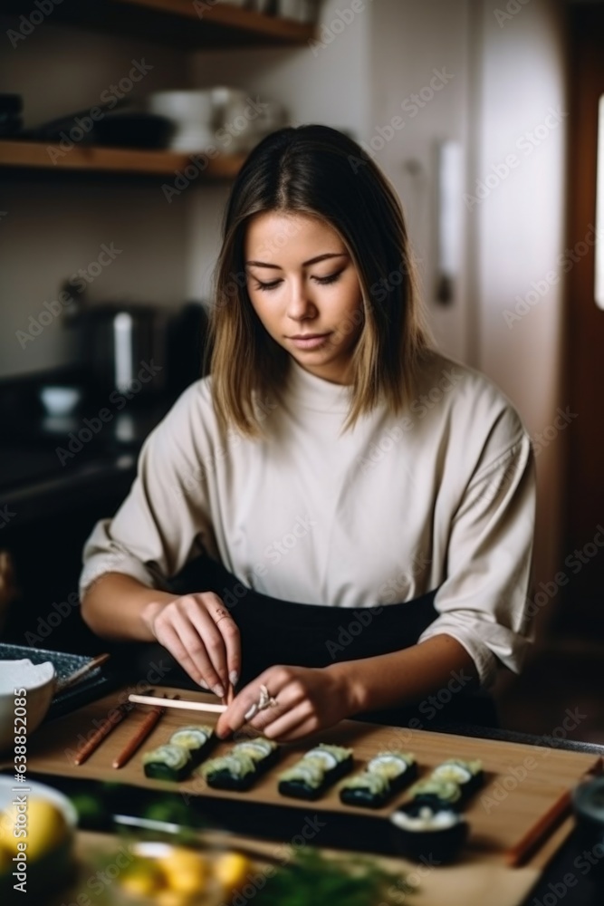 Fototapeta premium shot of a young woman making sushi in her kitchen