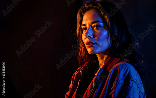 photo of beautiful woman with mixed red and blue lighting , generative AI