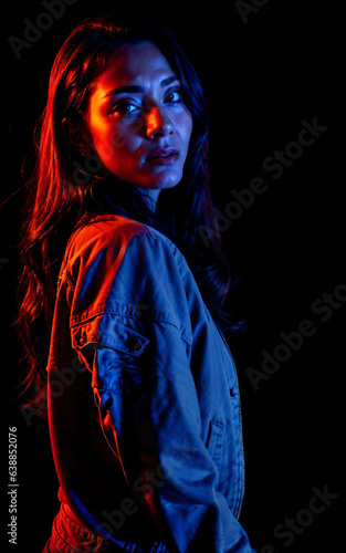 photo of beautiful woman with mixed red and blue lighting , generative AI