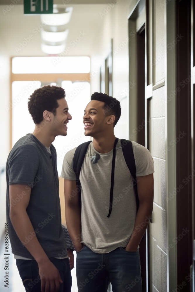 shot of two young men chatting in the hallway at a college shot of two young men chatting in the hallway at a college