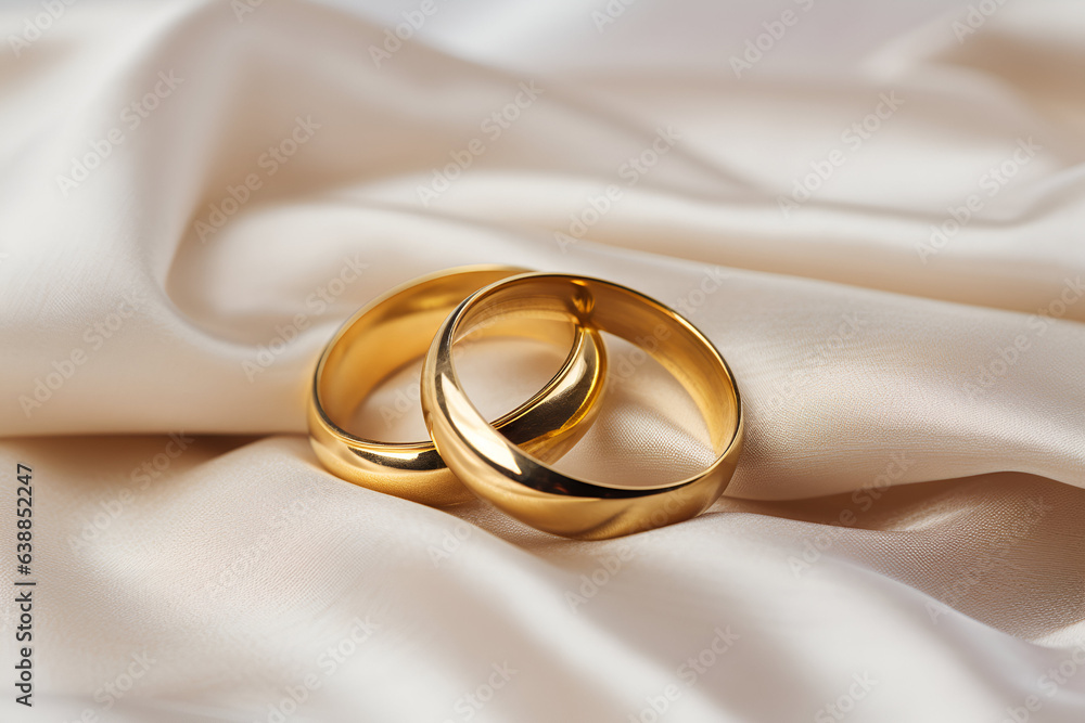Two gold rings on silk background. Gold wedding jewelry Two gold rings on silk background. Gold wedding jewelry