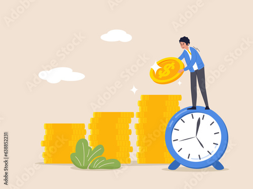 Compound interest or investment growth, tax time reminder concept. Long term investing or savings for retirement fund. Businessman on alarm clock put more dollar coin money to increase his savings.