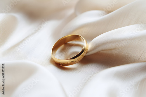 A gold ring on silk background. Gold wedding jewelry