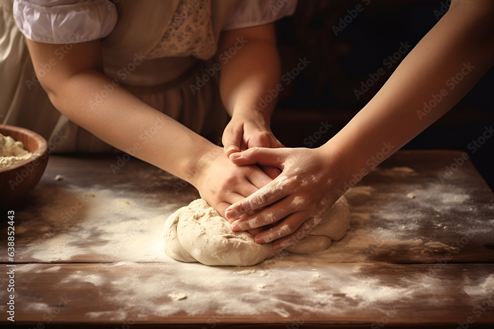 Mom Baking Together With Her Little Daughter In Kitchen. Cute Little Girl Helping Mom To Prepare Dough, Family Having Fun While Cooking At Home
