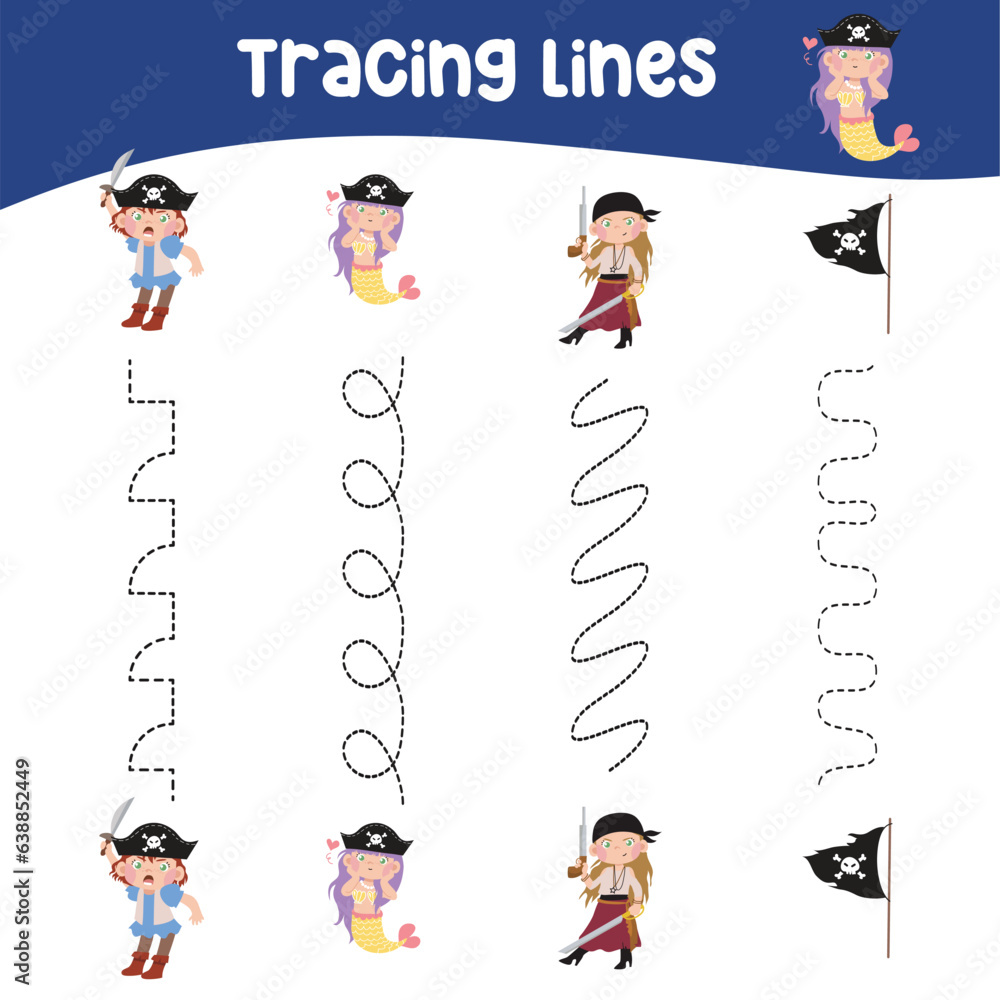 Tracing vertical lines activity with cute pirate theme. Tracing