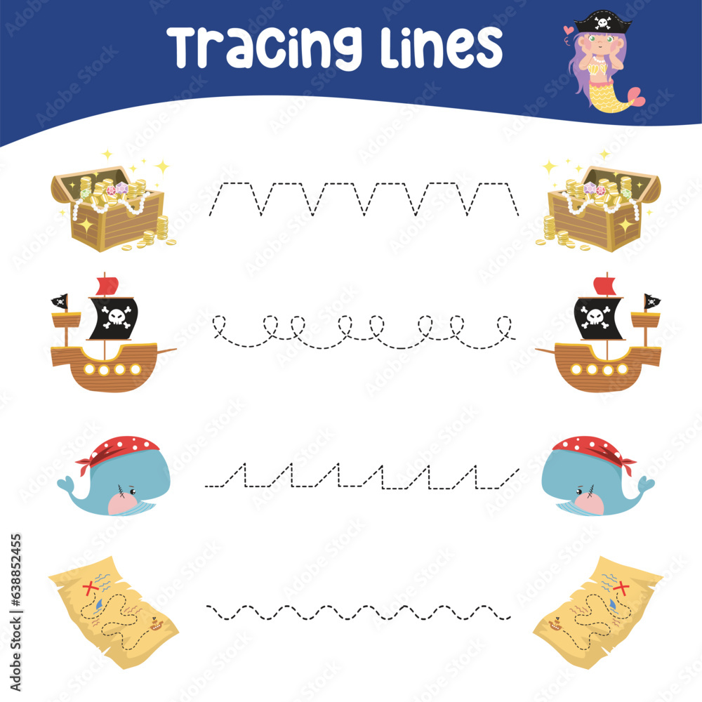 Tracing horizontal lines activity with cute pirate theme. Tracing
