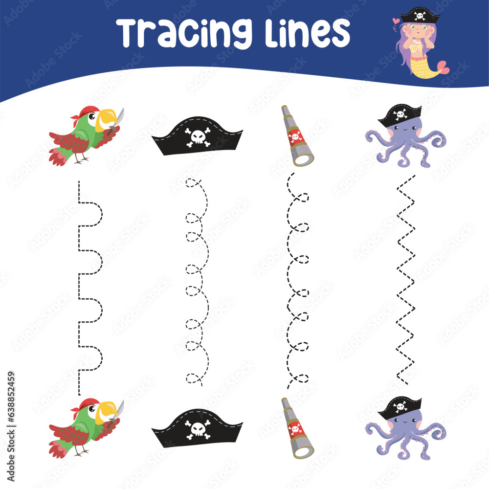 Tracing vertical lines activity with cute pirate theme. Tracing