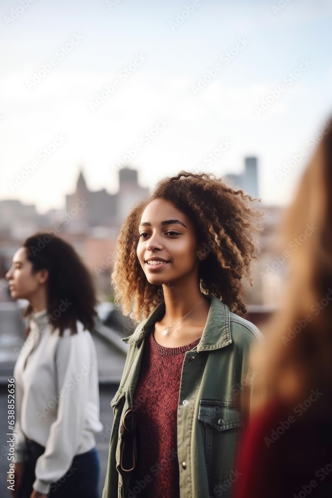 shot of a young woman looking at the city while walking with her friends shot of a young woman looking at the city while walking with her friends