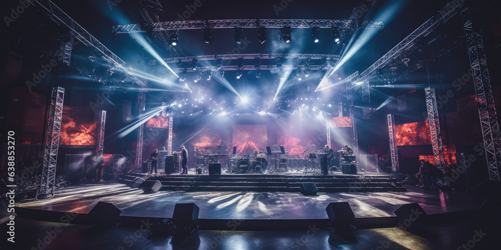 A Live stage production in an live venue. Stage rigging equipment, lighting, and PA systems. - obrazy, fototapety, plakaty 