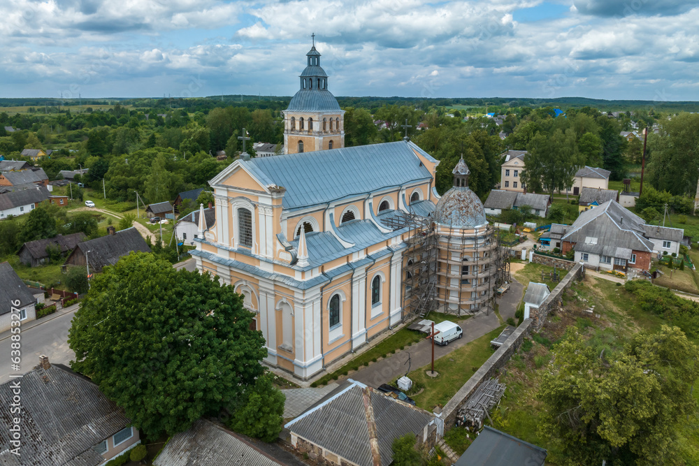 aerial view on neo gothic or baroque temple or catholic church in countryside