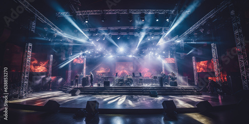 A Live stage production in an live venue. Stage rigging equipment, lighting, and PA systems.