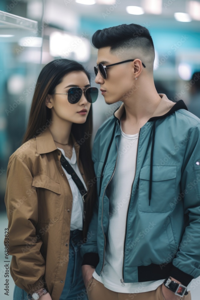 a young couple wearing smart technology while shopping