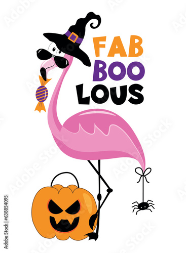 Fab Boo Lous - funny flamingo in witch hat and with candy, Jack o lantren and spider. Good for T shirt print, poster, card, label, and other decoration for Halloween.
 photo