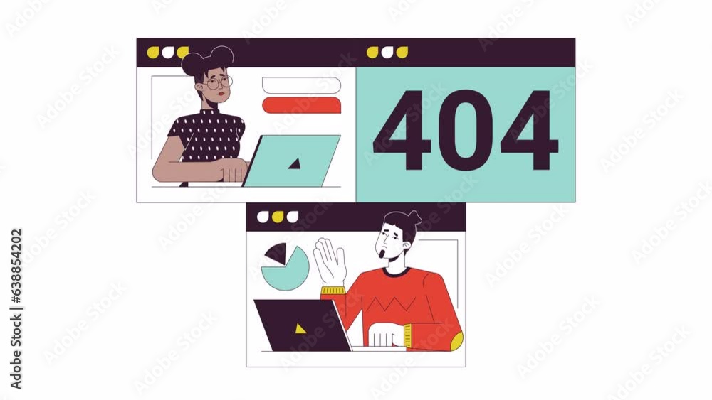 Camera failed on online meeting 404 error animation. Poor internet connectivity error message gif, motion graphic. Sad coworkers animated cartoon line characters 4K video isolated on white background Camera failed on online meeting 404 error animation. Poor internet connectivity error message gif, motion graphic. Sad coworkers animated cartoon line characters 4K video isolated on white background