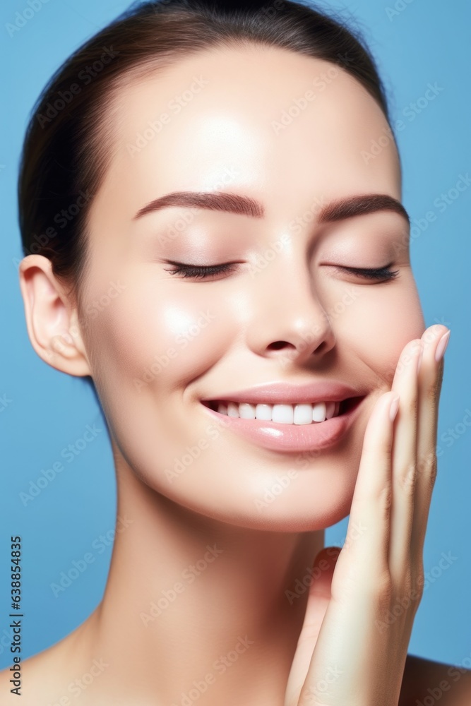 cropped shot of a beautiful woman touching her face against a blue background cropped shot of a beautiful woman touching her face against a blue background