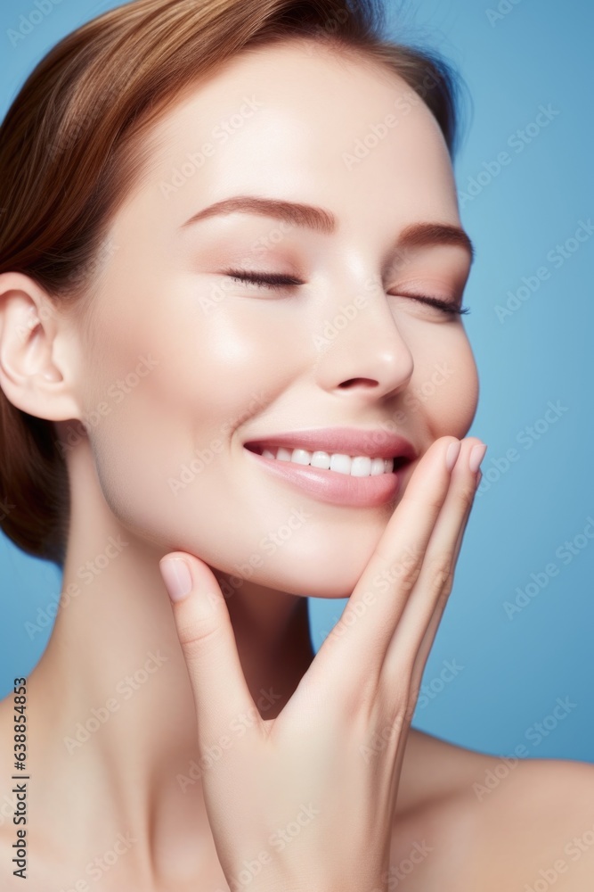 cropped shot of a beautiful woman touching her face against a blue background cropped shot of a beautiful woman touching her face against a blue background
